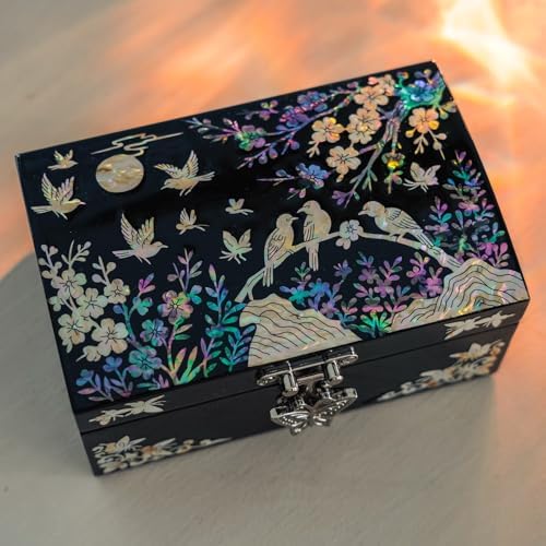 Mother of Pearl Small Jewelry Ring Box - Gifts for best friends women, Thank you gifts, mom birthday gifts, Friendship Women Gifts Trinkets Keepsake Treasure box (Black-Birds)