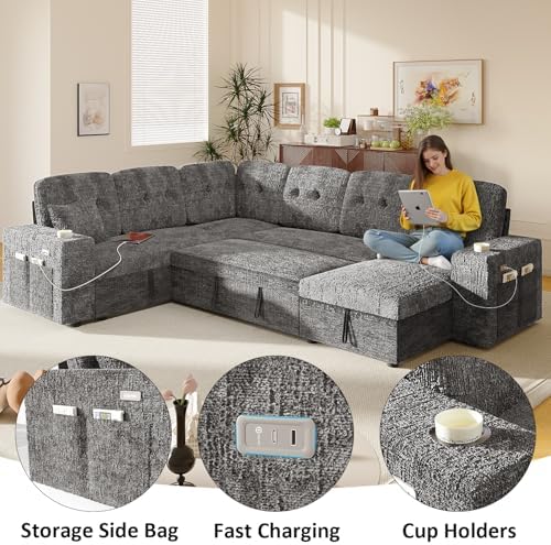 Modular Sectional Sleeper Sofa with Pull Out Bed, 108 Inch U Shaped 7 Seat Co...