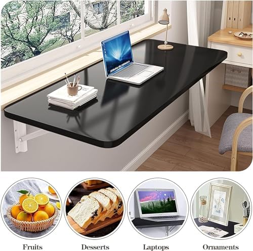 Wall Mounted Folding Table,Black Floating Desk for Small Spaces,Stainless Ste...