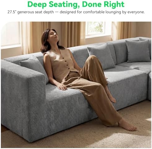 MONVANE U Shaped Sectional Couch Oversized, Chenille, Light Gray | 6-Seat Sec...