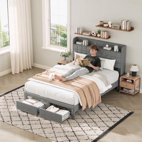 DUMOS Full Bed Frame, Upholstered Platform Bed Frame with Storage Drawers