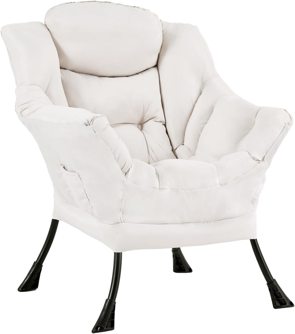 Furlide Lazy Chair with Ottoman, Soft Comfy Chair for Bedroom, Beige | Accent Lounge Chair with folding Foot Stool, Removable Washable Cover and Side Pocket for Reading, Relaxing in Living Room