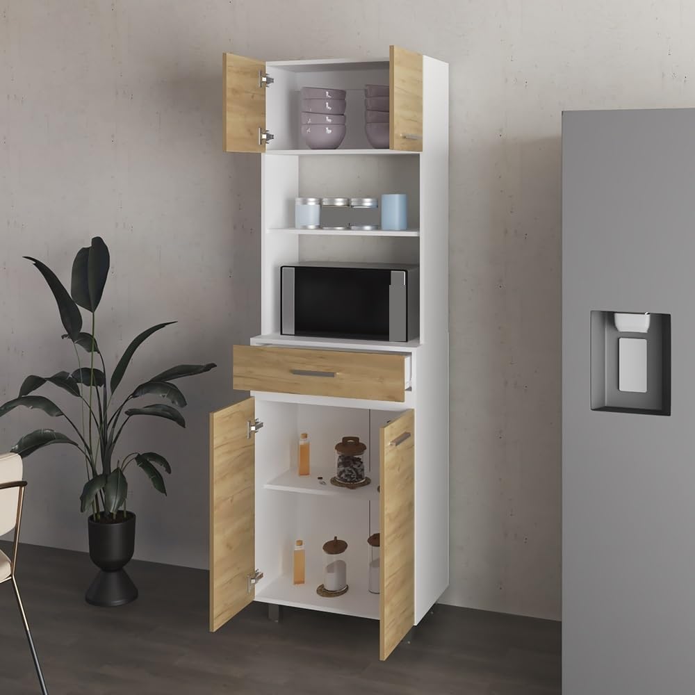 Pantry Cabinet with Storage Drawer, Microwave Locker for Kitchen Hallway, Mod...