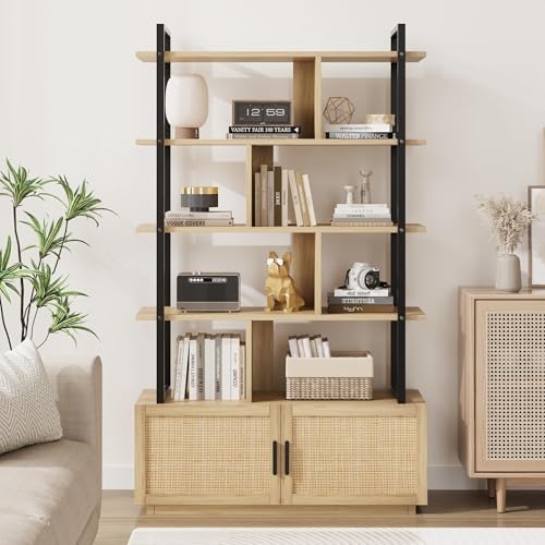GAOMON 71.1 Inch 5 Tier Rattan Bookshelf with Storage Cabinet & Door