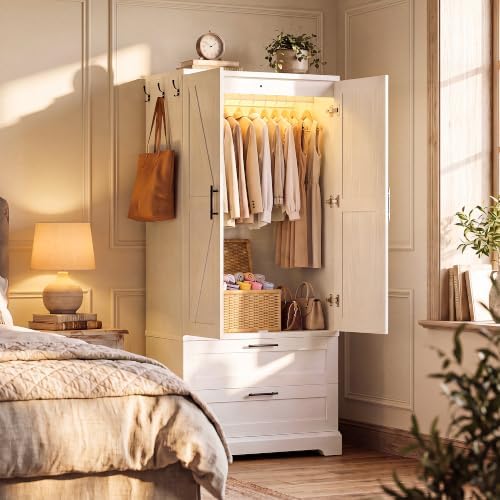 YESHOMY 70.9" Wooden Armoire Wardrobe Closet with Sensor Light(White)