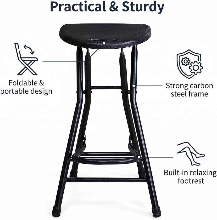 Black Adult Folding Stool with Handle and Foldable Pole Stool, 28 inch Foldin...