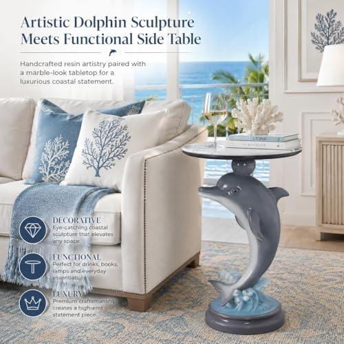 Luxury Dolphin Side Table, White Faux Marble Top Accent End Table, Decorative Animal Sculpture Furniture for Living Room, Bedroom, Entryway Home Decor