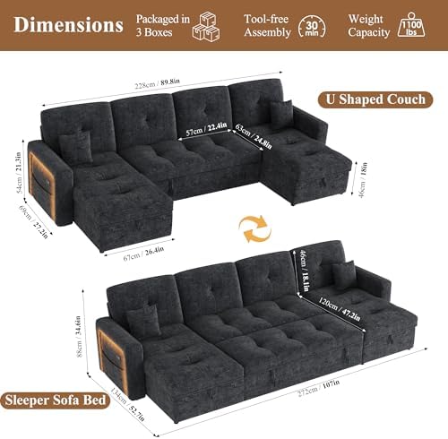 107'' LED U-Shaped Sectional Couch for Living Room, Sleeper Sofa Bed,...