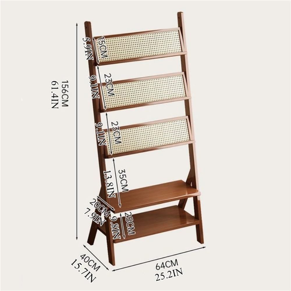 5-Tier Wooden Ladder Shelf with Rattan-Like Design, Large Capacity Open Bookshelf, Floor Magazine Display Stand for Living Room, Office, Library(Color:Natural)