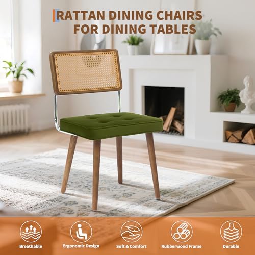 GarveeHome Natural Rattan Dining Chairs Set of 6, Velvet Upholstered Kitchen ...