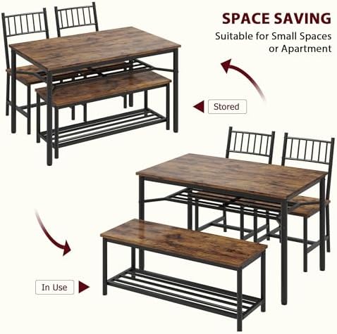 Garvee Dining Table Set for 4 with Bench and Chairs, 4-Piece Kitchen Table Se...