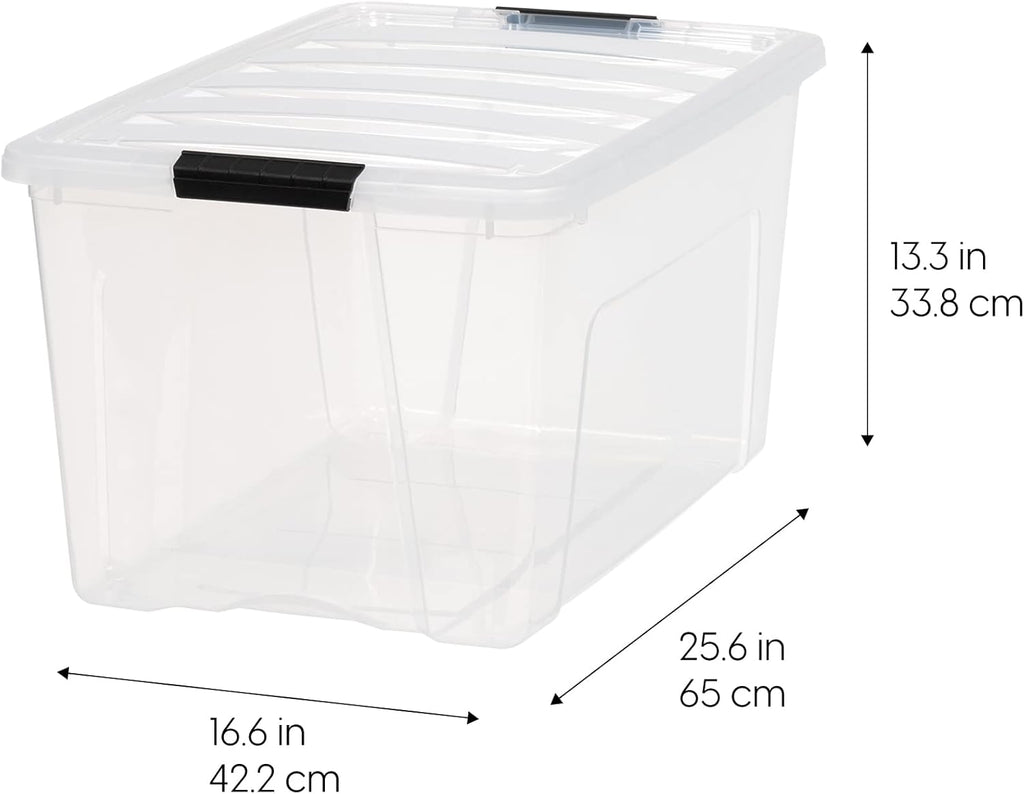 IRIS USA 72 QT Plastic Storage Box with Lid and Latches - 4 Pack - BPA-Free, See-Through Organizing Solution, Durable Nestable Stackable Containers, Secure Pull Handle - Clear