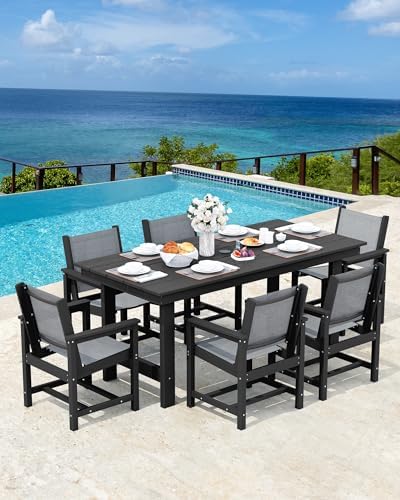 SERWALL 7 Pcs HDPE Patio Dining Set, HDPE Dining Set for 6, Black