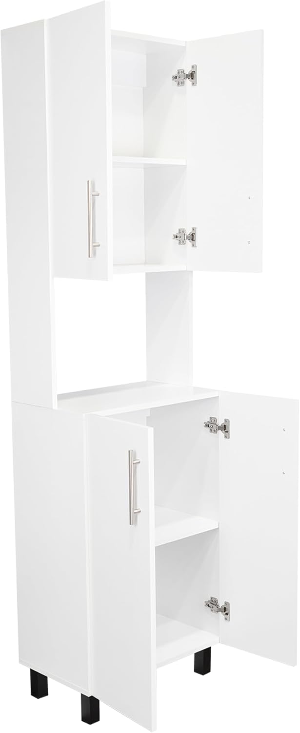 76.8" White Double Door Storage Cabinet: Modern Kitchen Pantry with Open...