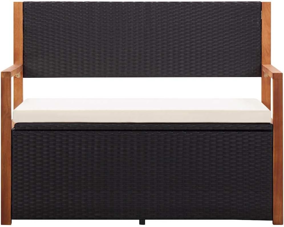 45.3" Storage Bench Poly Rattan and Solid Acacia Wood Outdoor Garden Ben...