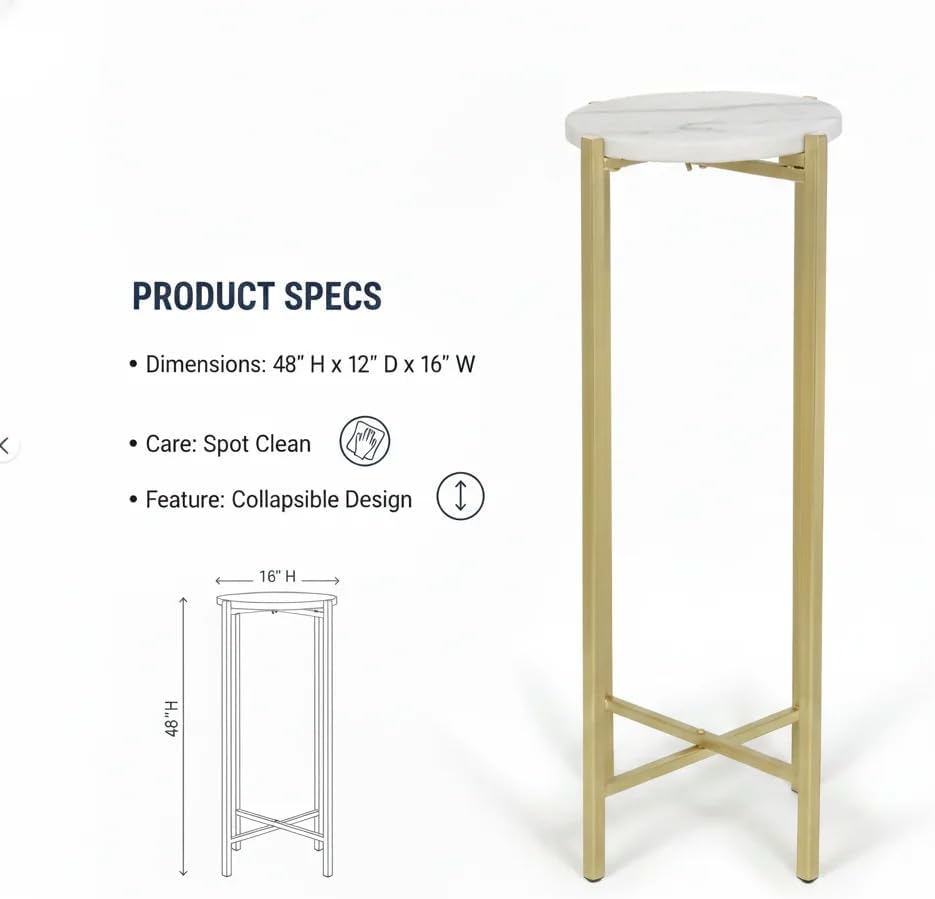 Collapsible Drink Table, Gold Metal Frame with White Marble Top