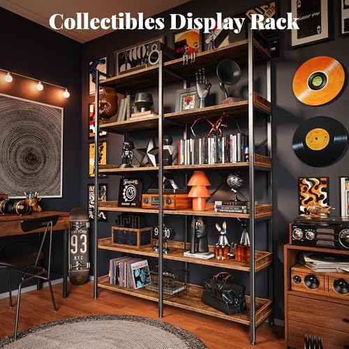 Huuger 6 Tier Bookshelf with 12 Open Shelves and Raised Baffle, Rustic Brown