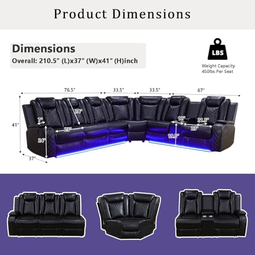 A Ainehome Power Recliner Sectional Sofa Set with LED Light, Leather Reclinin...