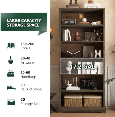 TVU 6 Tiers Wooden Bookshelf, 77.2" Tall Farmhouse Style Open Bookcase, ...