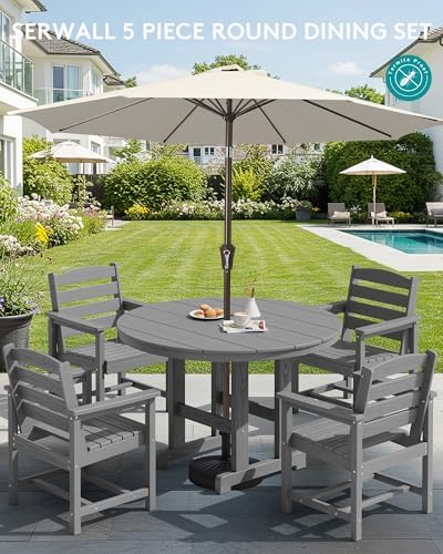 SERWALL 5-Piece Patio Round Dining Set, 45" Table, 4 Chairs, Grey