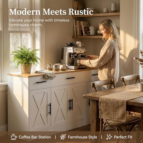 SUNLEI Coffee Bar Cabinet with Storage, Farmhouse Buffet Cabinet with 4 Doors...
