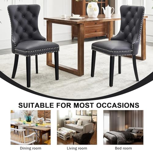 Leather Dining Chairs, Upholstered Dining Room Chairs, Black, Set of 6