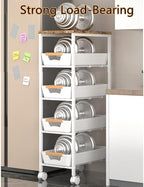 5-Tier Rolling Utility Cart with Wooden Top & Drawers, Metal Frame Storage Organizer with Wheels for Kitchen, Bathroom, Living Room, Office
