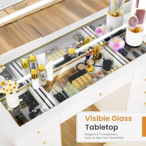11 Drawers Glass Top Vanity Desk, Crystal Handles Makeup Vanity with Mirror a...