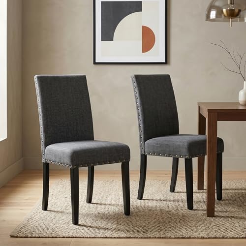 Roundhill Furniture Biony Gray Fabric Dining Chairs with Nailhead Trim, Pack ...