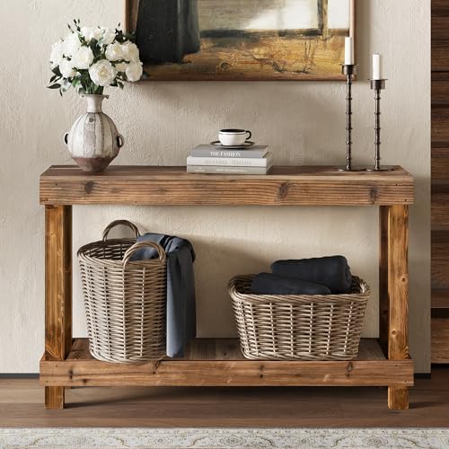 SMARTSTANDARD 46" Long Farmhouse Console Table, Solid Wood, Natural Brow...