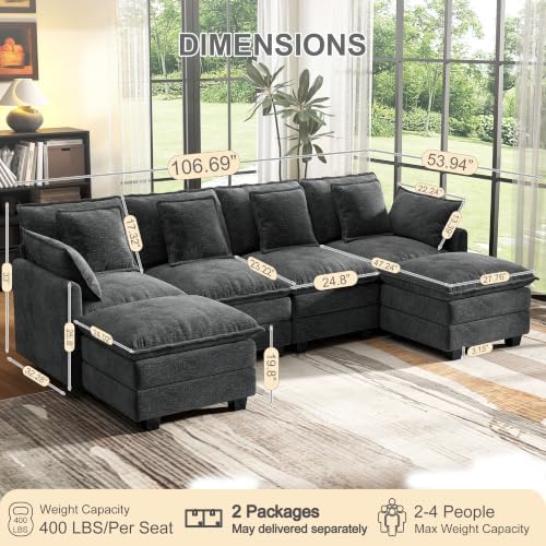 107" Cloud Couch Sectional Modular Sofa, Deep Seat Couches with Ottoman ...