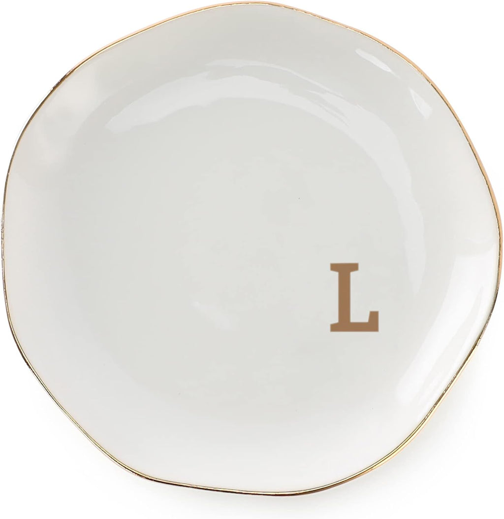 Initials Ring Dish Jewery Tray with personalized L-Monogrammed Gifts Wedding Engagement for Women Friends sister,Ceramic White