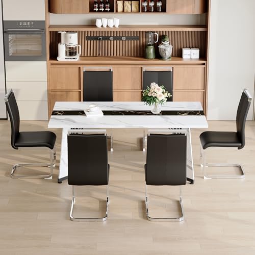 Dining Table Set for 6,White Marble 71'' Dining Room Table with Spaci...