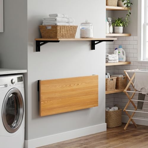 Need 47x20 Inch Wall Mounted Folding Table for Office Laundry Teak | Black Fr...