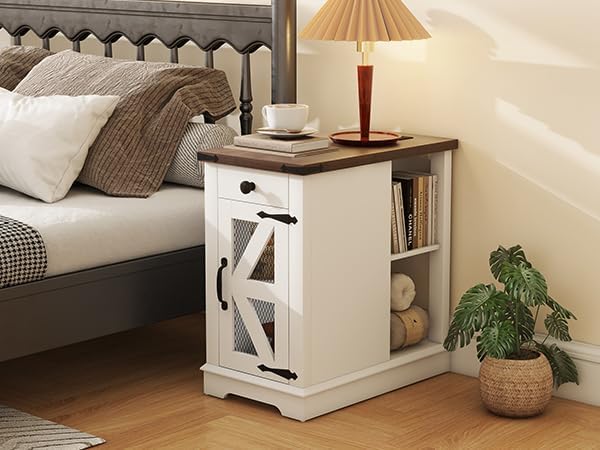 SUNSITT Side Table with Charging Station, Farmhouse End Tables with Back Stor...