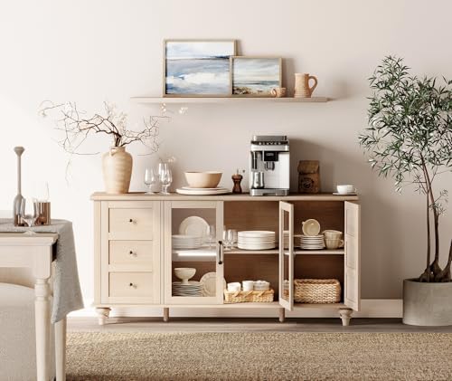 WAMPAT Sideboard Buffet Cabinet, Farmhouse Kitchen Storage Cabinet, Beige