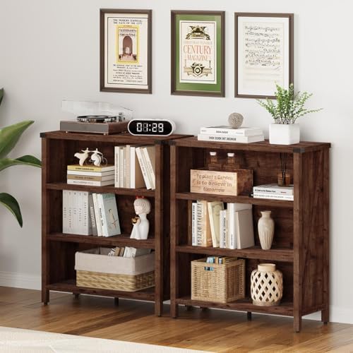 BON AUGURE Rustic Short Bookshelf, 3 Shelf Bookcase, Small Wood Low Book Case...