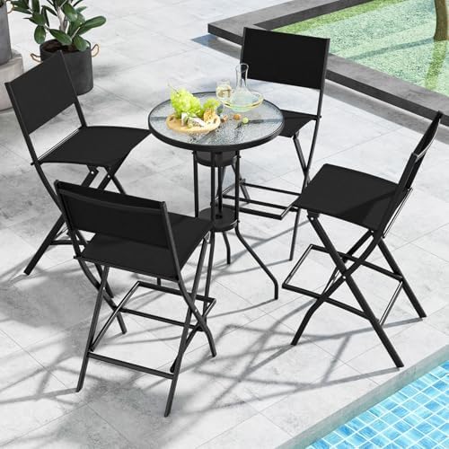 COSTWAY Outdoor Patio Folding Bar Chair Set of 4 with Metal Frame, Footrest