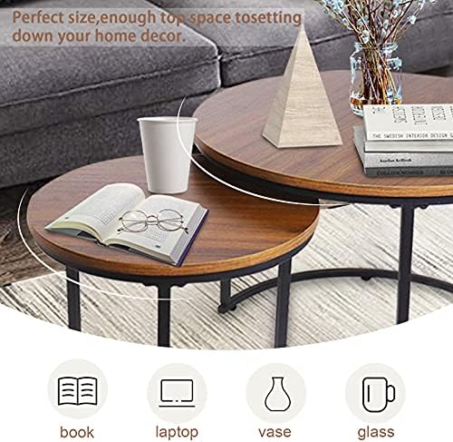 aboxoo Coffee Table Nesting Side Round Set of 2 End Table Top Sturdy Metal Fr...