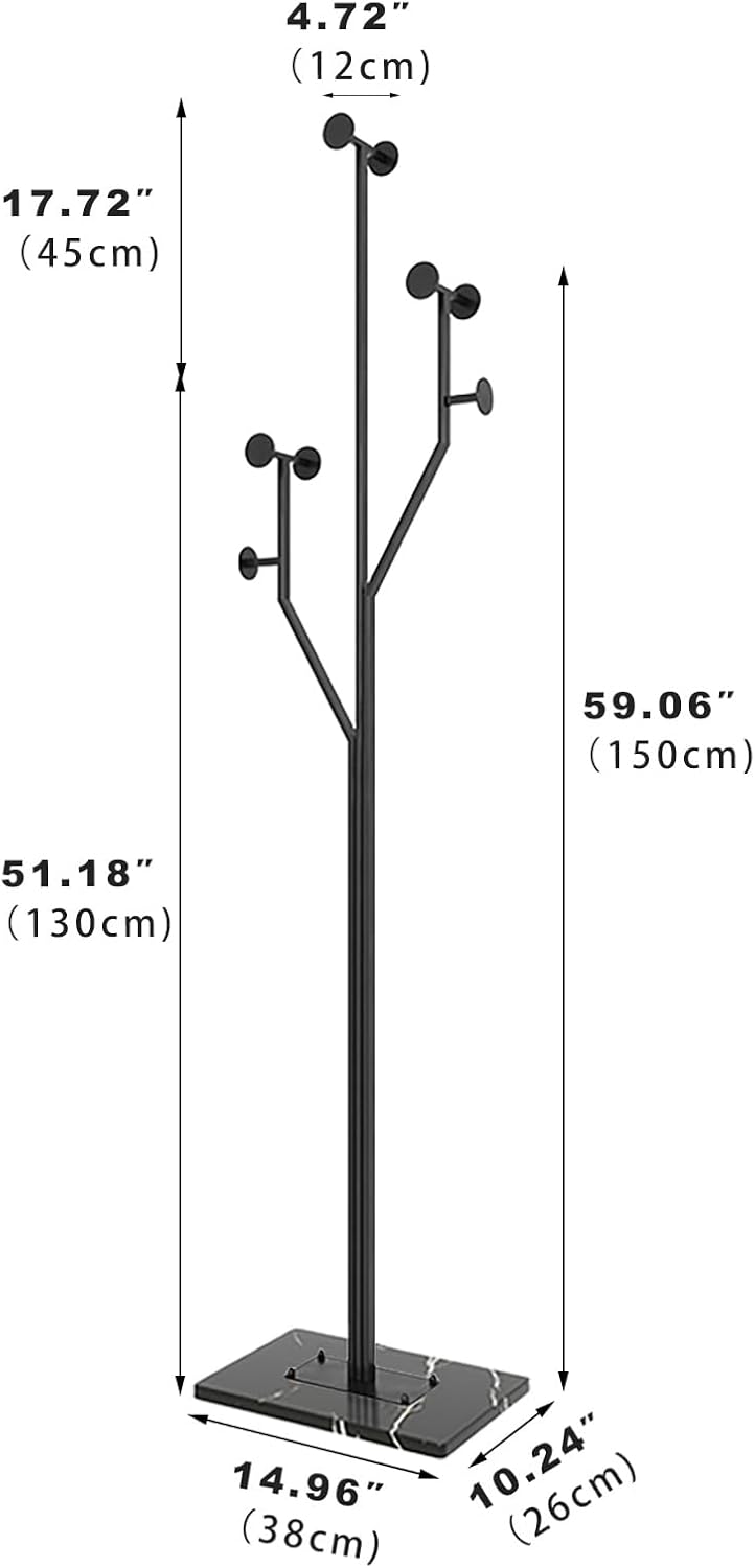 JIAYUEJU Freestanding Coat Rack Tree-shaped Metal Coat Tree with Heavy Duty Marble Base Corner Clothing Rack for Bedroom Entryway Hallway 14.96 x 10.24 x 68.9 Inches (Black)