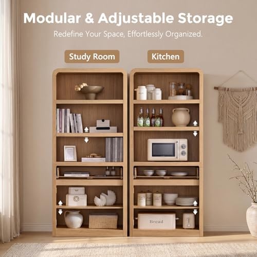 72" Tall Modern Bookshelf with Doors, 5-Tier Large Bookcase w/ Drawer, W...