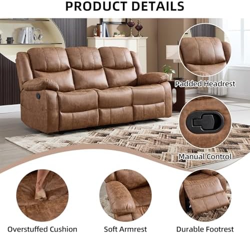EBELLO Faux Leather Manual Reclining Sofa, Mid-Century Modern Overstuffed Arm...