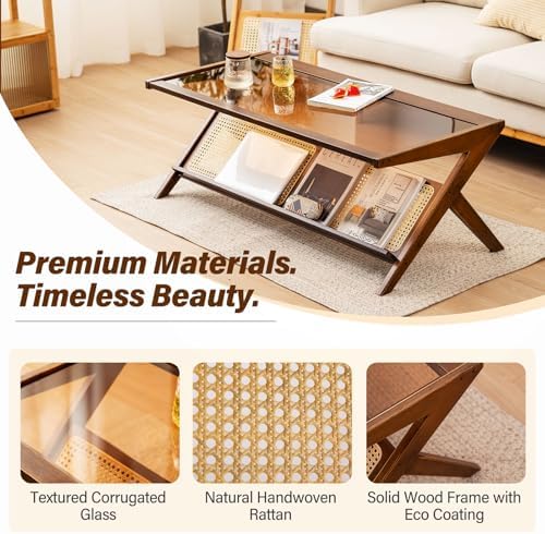 Tiita Brown Rattan Coffee Table, Bamboo Glass Top Table with Storage