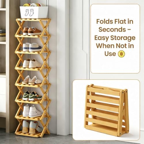 Bamboo Foldable Narrow Shoe Rack, The 9-Tier Bamboo Rack: 3-Tier, 6-Tier, and 9-Layers No-Assembly Storage Solution! Vertical Shoe Organizer Tall for Small Spaces Entryway Bedroom (White, 3 Tier)
