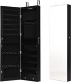 COSTWAY Wall Mounted Jewelry Armoire with Full Length Mirror & 2 LED Lights, Large Storage Capacity, Lockable Mirror Jewelry Cabinet for Women Girls (Black)