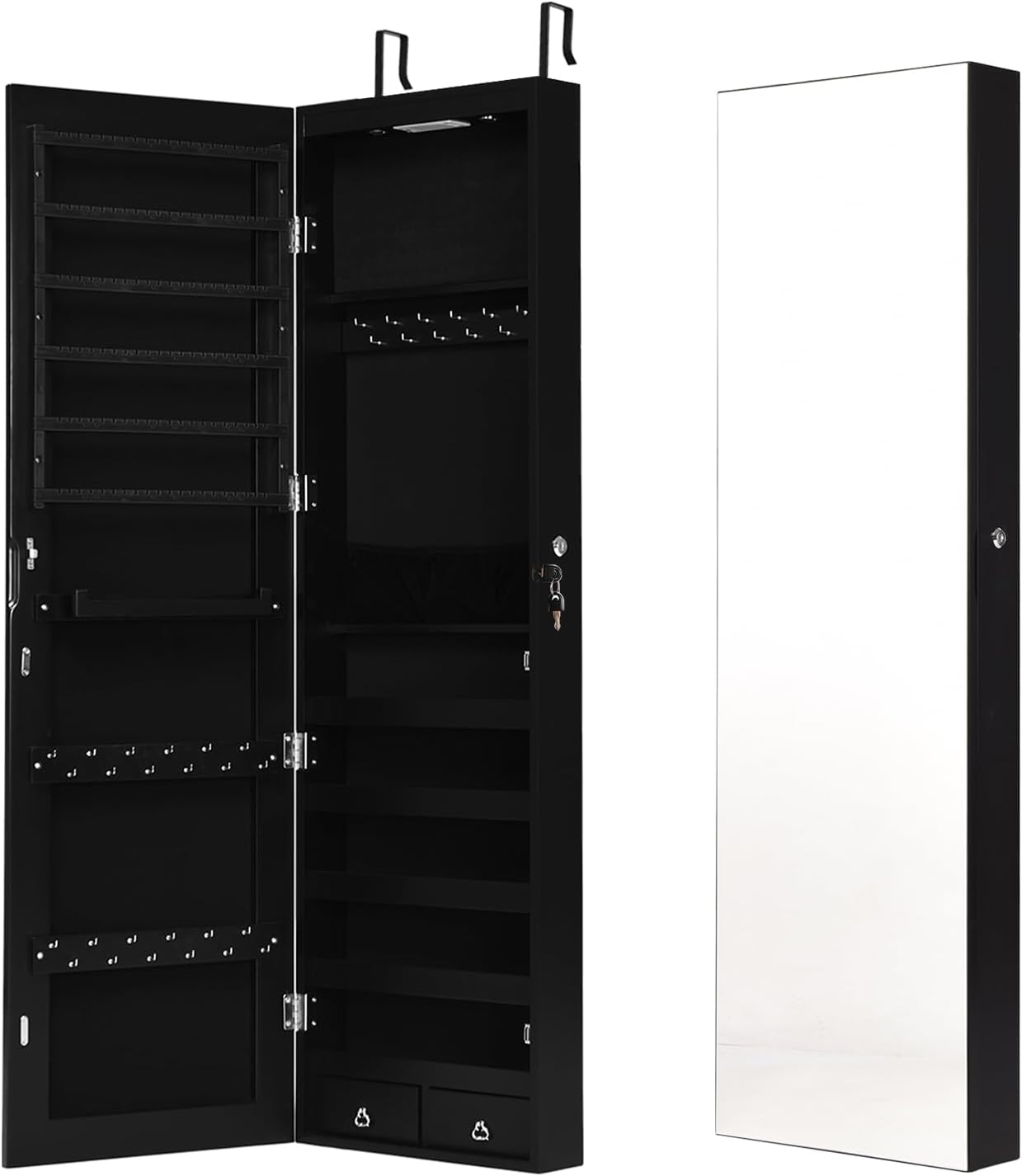 COSTWAY Wall Mounted Jewelry Armoire with Full Length Mirror & 2 LED Lights, Large Storage Capacity, Lockable Mirror Jewelry Cabinet for Women Girls (Black)