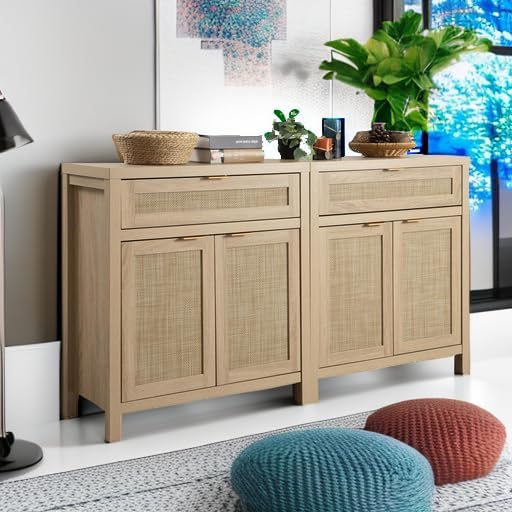 SICOTAS Sideboard Buffet Storage Cabinet Set of 2, Rattan Credenza Buffet