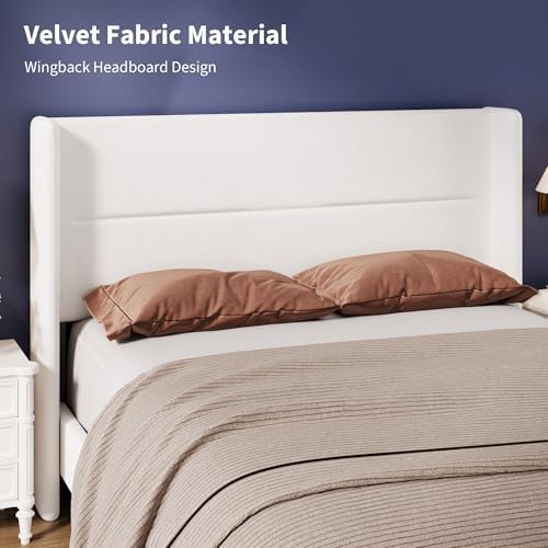 IDEALHOUSE Queen Size Bed Frame, Velvet Bed with Wingback Headboard, White