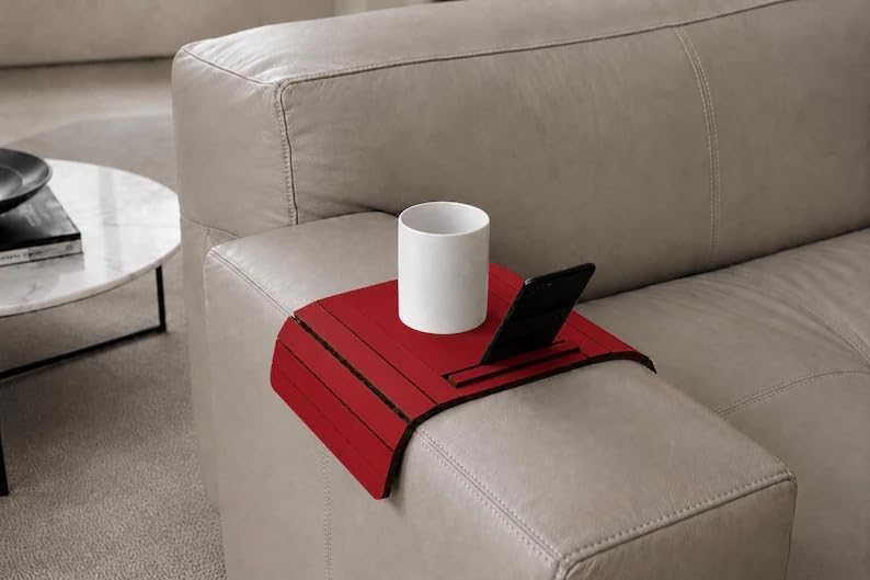 Red Foldable Sofa Armrest Tray Table, Multifunctional Couch Cup Holder with P...