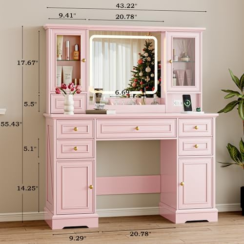 BORNOON Vanity Desk with Lights, Large LED Mirror with 3 Color Modes, Makeup ...